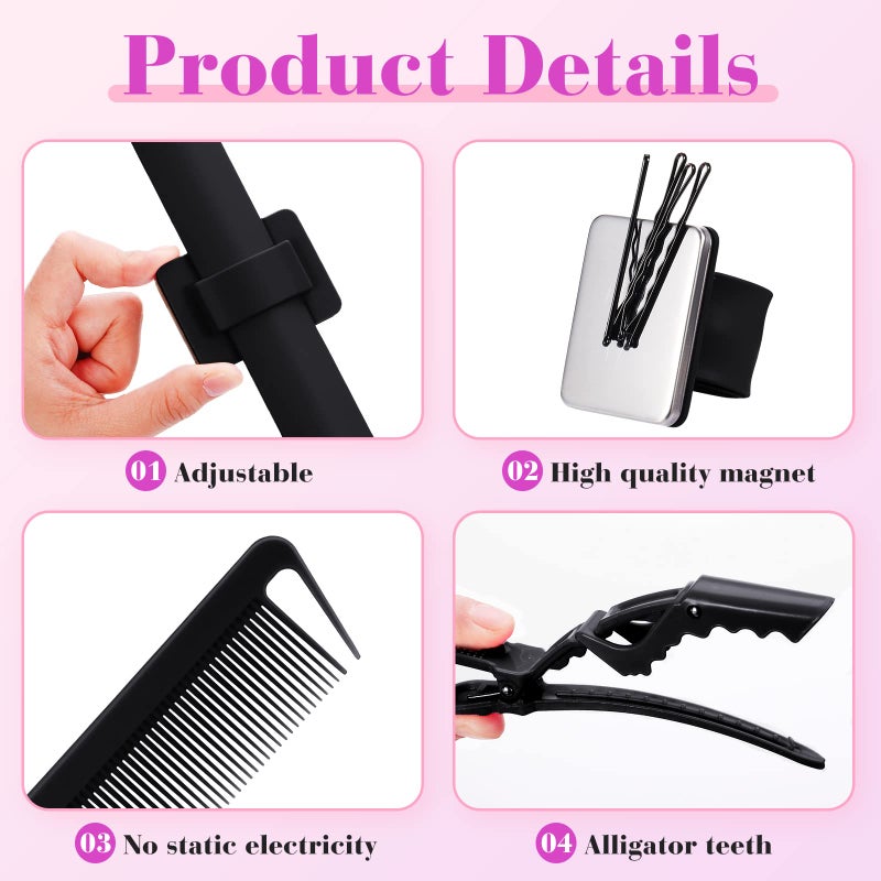 Nuenen 7 Pieces Hair Braiding Tools Magnetic Pin Wristband and 2 Pieces Stainless Steel Pintail Rat Tail Comb with 4 Wide Teeth Alligator Sectioning Hair Clip for Braid Tool Braid Maker(Black) - Image 3